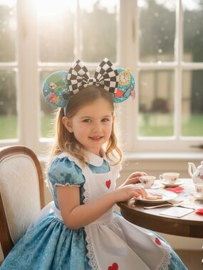 Alice-In Wonderland Inspired whimsical Headband with Glitter Ears & Checkered